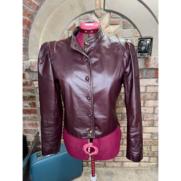 leather Jacket OXBLOOD red burgundy wine cropped puff sleeves - Picture 1 of 16